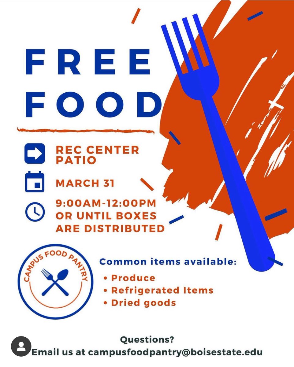 Hey <a href="/BoiseState/">Boise State University</a> students, faculty, and staff: need food? Stop by the rec center next week for a free food box! Open to all! Spread the word!