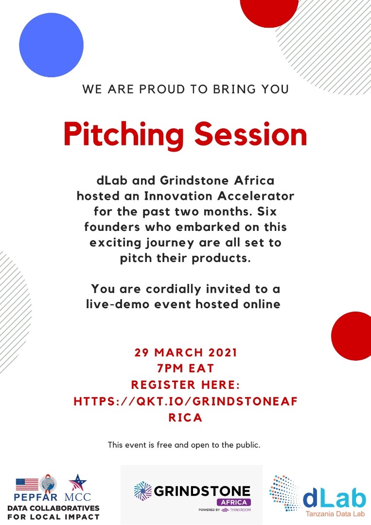 dLabTz's tweet photo. Join us on March 29 as 6 founders pitch their innovations after completing our #dLabAccelerator program, in partnership w @GrindstoneXL -- Tickets are free. Register through: https://t.co/5copiFDSeT
@PEPFAR @MCCgov #DataRevolutionTz https://t.co/9YO6XhY9P6