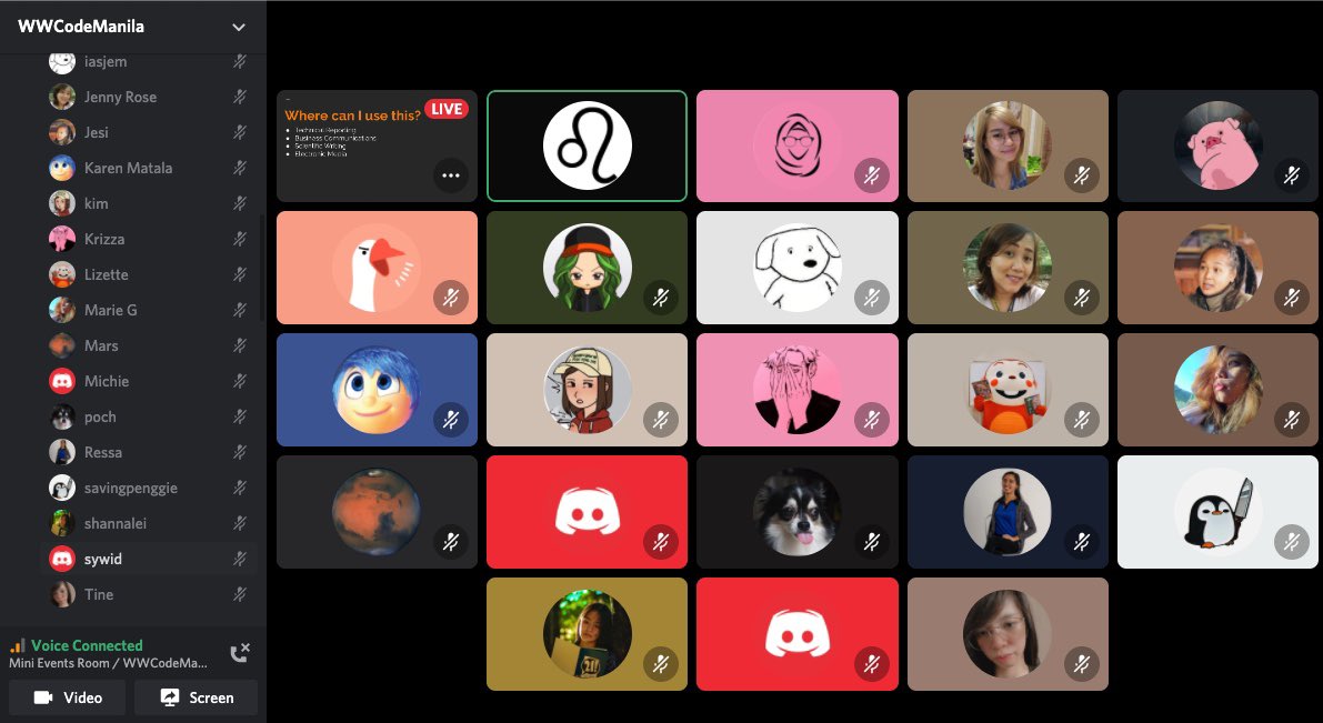 WWCodeManila's tweet photo. Happening now at the Women Who Code Manila Discord Group! Her 4.0 Mini Events - The Art of Technical Writing with @headgeekette ๐
#WomenWhoCode #WomenInTech #FilipinasInTech #RemotelyTogether https://t.co/GZVEcVB3XG