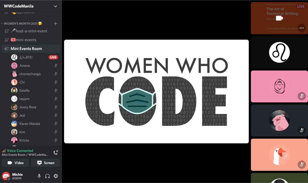 WWCodeManila's tweet photo. Happening now at the Women Who Code Manila Discord Group! Her 4.0 Mini Events - The Art of Technical Writing with @headgeekette ๐
#WomenWhoCode #WomenInTech #FilipinasInTech #RemotelyTogether https://t.co/GZVEcVB3XG