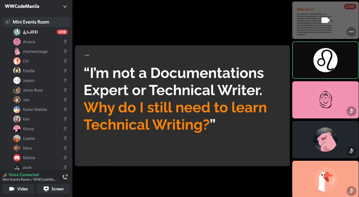 WWCodeManila's tweet photo. Happening now at the Women Who Code Manila Discord Group! Her 4.0 Mini Events - The Art of Technical Writing with @headgeekette ๐
#WomenWhoCode #WomenInTech #FilipinasInTech #RemotelyTogether https://t.co/GZVEcVB3XG