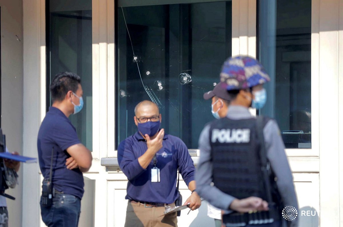 Bullet marks at the American Cultural Center in Yangon after it came under fire on Myanmar Armed Forces Day. #WhatsHappeningInMyanmar