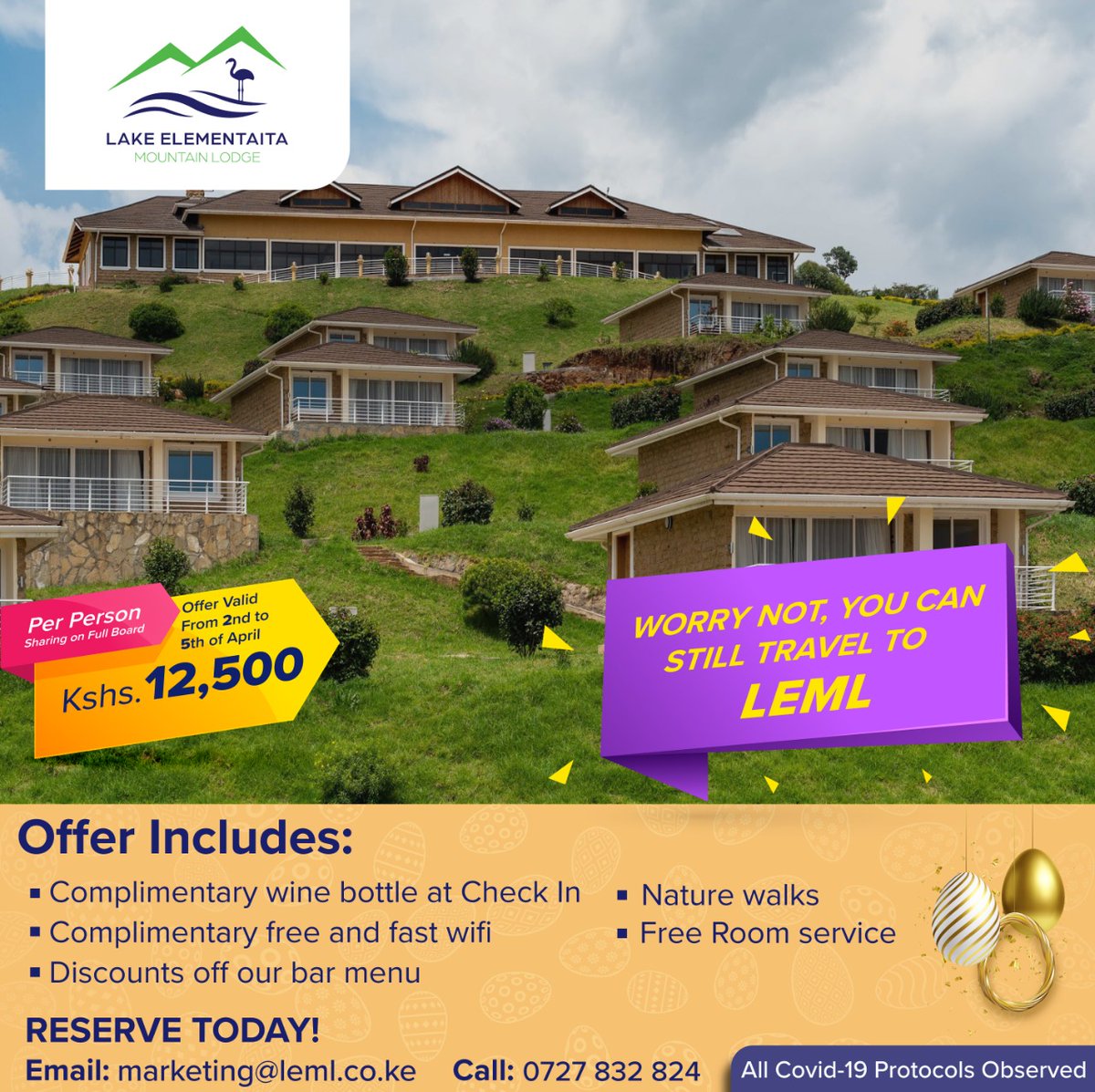 LEMLodge's tweet photo. Were you thinking of going to the Kenyan Coast or Maasai Mara over Easter? Donβt let the current lockdown stop you from your dream vacation. Come visit us at Lake Elementaita Mountain Lodge!
Email us at marketing@leml.co.ke or call +254 727 832 824 to reserve.
#Easter2021 #LEML https://t.co/A6INGZHmGw
