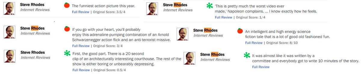 Gibboanxious's tweet photo. After Dennis Schwartz, #SteveRhodes is the critic I disagree with the most. I admirer against the grain thoughts on movies & they're important, but holy moly Rhodes has some consistently insane takes. He says he hates violence in cinema, yet gives every Arnie movie a rave review. https://t.co/frcWDm4xQp