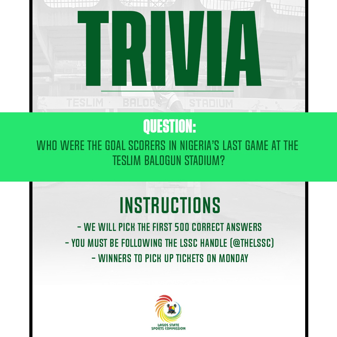 thelssc's tweet photo. Want to watch the Super Eagles play a competitive match in Lagos for the first time in 20 years? We have 500 tickets to give away! Please follow the instructions &amp; you'll have a chance to watch the game at the Teslim Balogun Stadium.
#SuperEaglesBackInLagos 
#LagosIsReady https://t.co/s6jqy5tU0a