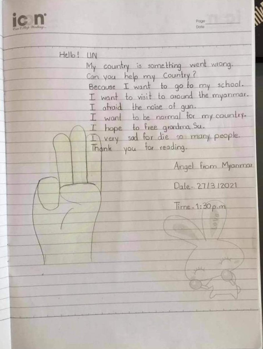 A letter from 9 years old child to 
<a href="/UNinMyanmar/">United Nations in Myanmar</a> . 
<a href="/UN/">United Nations</a>
Photo from Facebook

#WhatsHappeningInMyanmar 
#AntiFascistRevolution2021