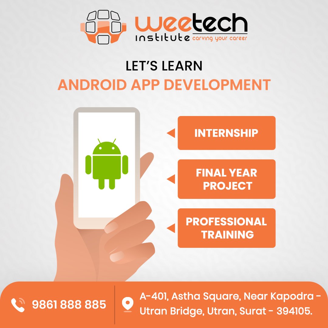 WeeTechInstitut's tweet photo. Android Training Course in Surat

Students/Job Seekers can attend a free demo lecture on any day from Monday to Saturday.

Visit us at : https://t.co/TDH6G7BaQX
Email: contact@weetechinstitute.com
Phone: +91-261 688 8885

#androiddevelopment #traininginstitute #androidtraining https://t.co/qr33INanUa