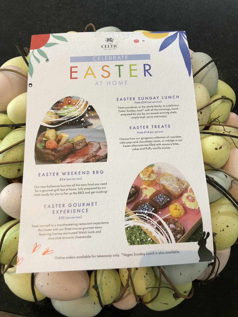 MattBarnby's tweet photo. Afternoon tea, Easter treats, gourmet dinner, bbq box, Sunday lunch @TheCelticManor #easterathome https://t.co/onaqaYTjKE