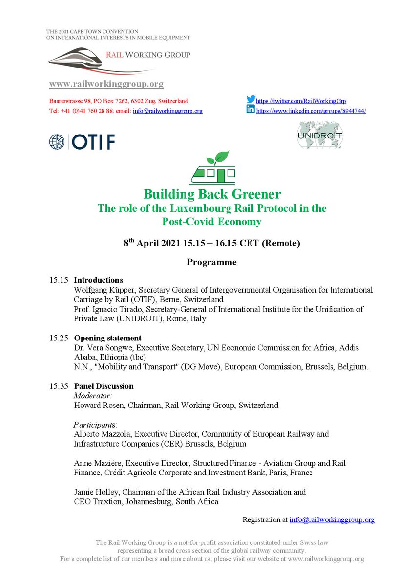 #UNIDROIT and <a href="/OTIF_COTIF/">OTIF</a> are cosponsoring a <a href="/RailWorkingGrp/">Rail Working Group 🚇</a> panel on “Building Back Greener: The role of the Luxembourg Rail Protocol in the Post-COVID Economy” on the 8 April. To register email info@railworkinggroup.org
 
#CapeTownConvention #railprotocol