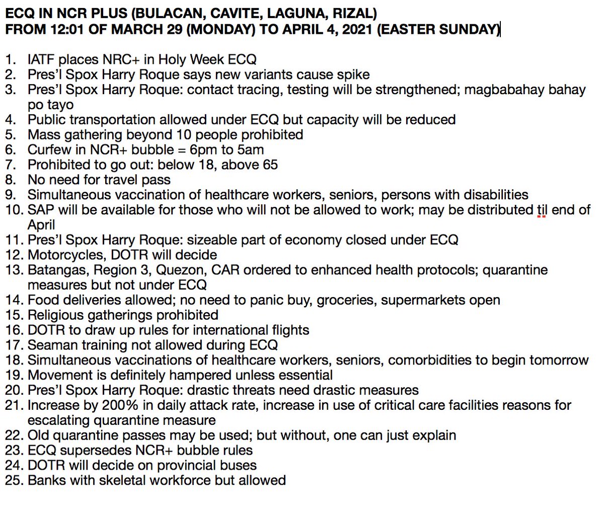 Joseph_Morong's tweet photo. Some of the rules of ECQ from March 29 to April 4, 2021 for NCR, Bulacan, Cavite, Laguna and Rizal @gmanews https://t.co/DOUizOM9sx