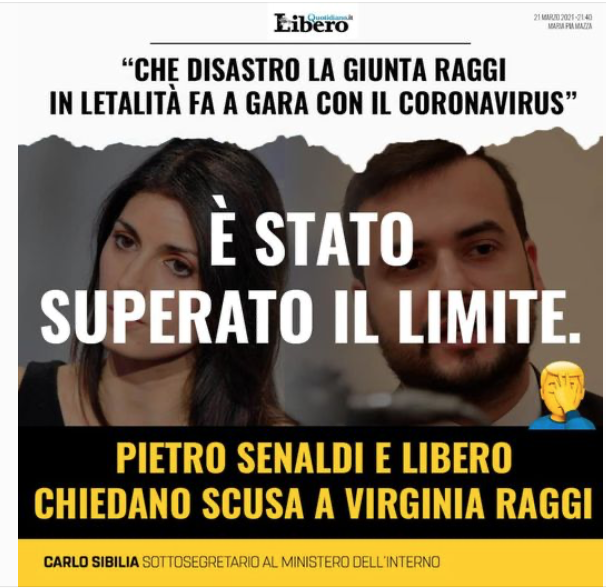 soniabetz1's tweet photo. Oggi @Libero_official  insulta la sindaca di Roma paragonandola al virus. 
È stato superato il limite della decenza,  @PSenaldi  chieda immediatamente scusa. 
Solidarietà a  @virginiaraggi .
Chi si è indignato contro #Casalino per "cancro da estirpare" oggi zitto? #2pesi2misure https://t.co/UaDTR1OcTh