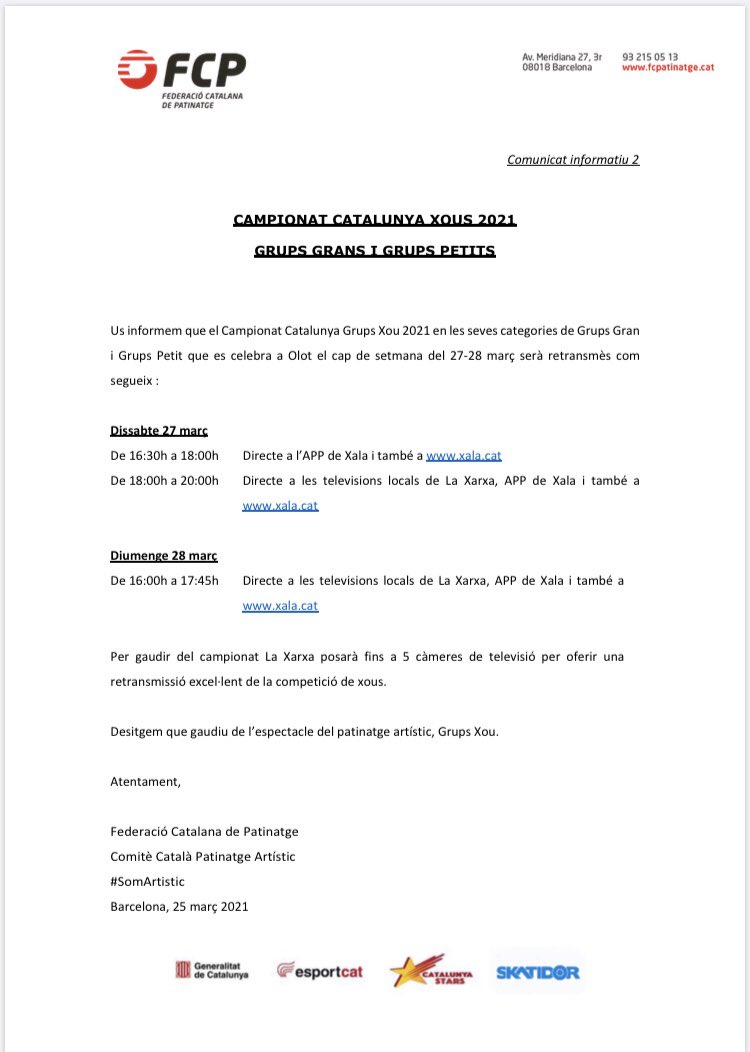 Viu el Campionat de Catalunya de Xous Grans i Petits des de casa teva! 🖥
Retransmissió en directe per <a href="/xala_cat/">xalacat</a> i @laxarxacat 
.
Etiquetan’s a les històries amb el #SOMARTÍSTIC , omplim les xarxes de patinatge! 📲
.
.
Molta sort a tots i totes 💪🏼
#SOMARTÍSTIC🔝 
<a href="/FCPatinatge/">FCPatinatge</a>