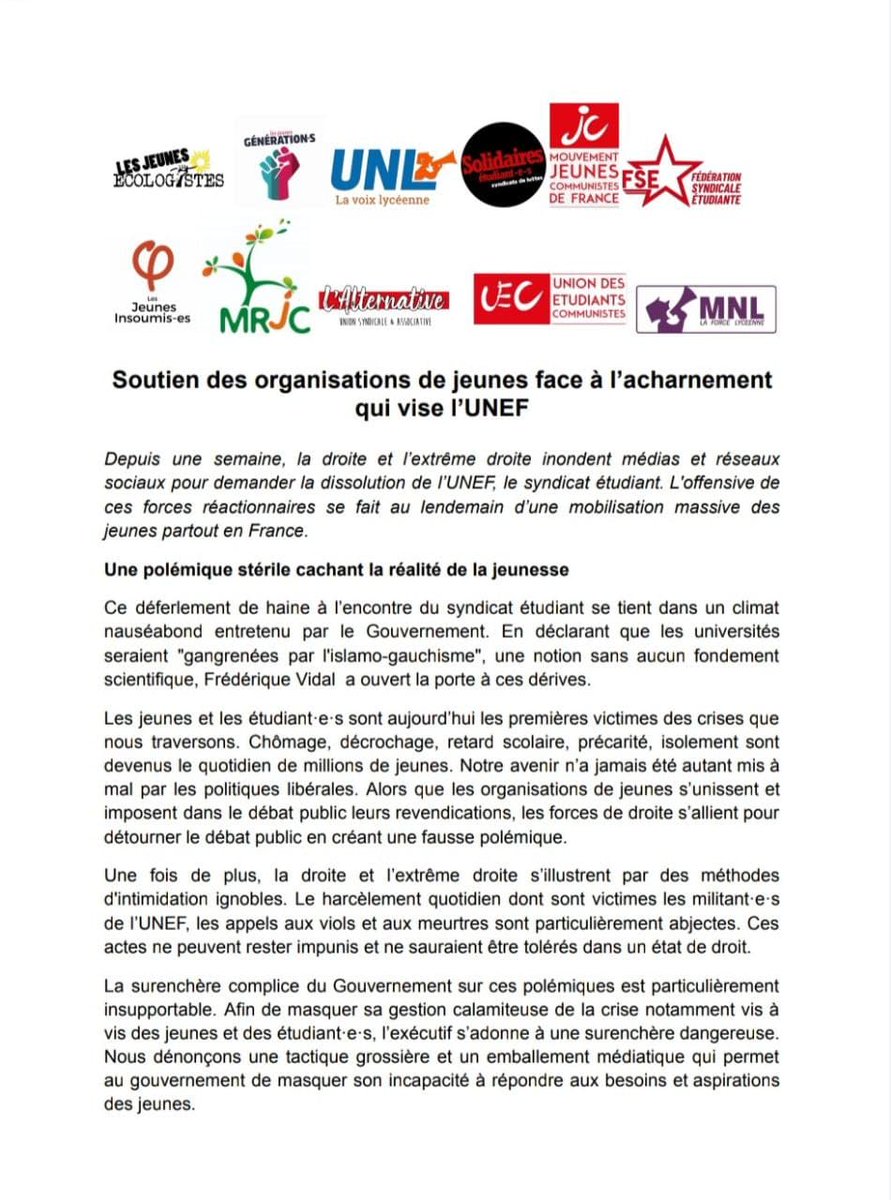LesJeunesG's tweet photo. Face au déferlement de haine et aux menaces à l’encontre de l'@UNEF, nous, organisations de jeunesse apportons notre soutien aux militant.e.s de l'UNEF.

Ces actes ne peuvent rester impunis et ne sauraient être tolérés dans un état de droit https://t.co/JCPBkSCsQu