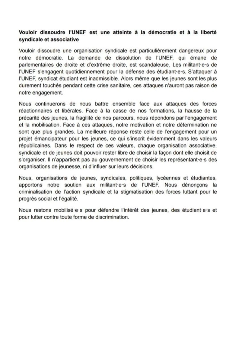 LesJeunesG's tweet photo. Face au déferlement de haine et aux menaces à l’encontre de l'@UNEF, nous, organisations de jeunesse apportons notre soutien aux militant.e.s de l'UNEF.

Ces actes ne peuvent rester impunis et ne sauraient être tolérés dans un état de droit https://t.co/JCPBkSCsQu
