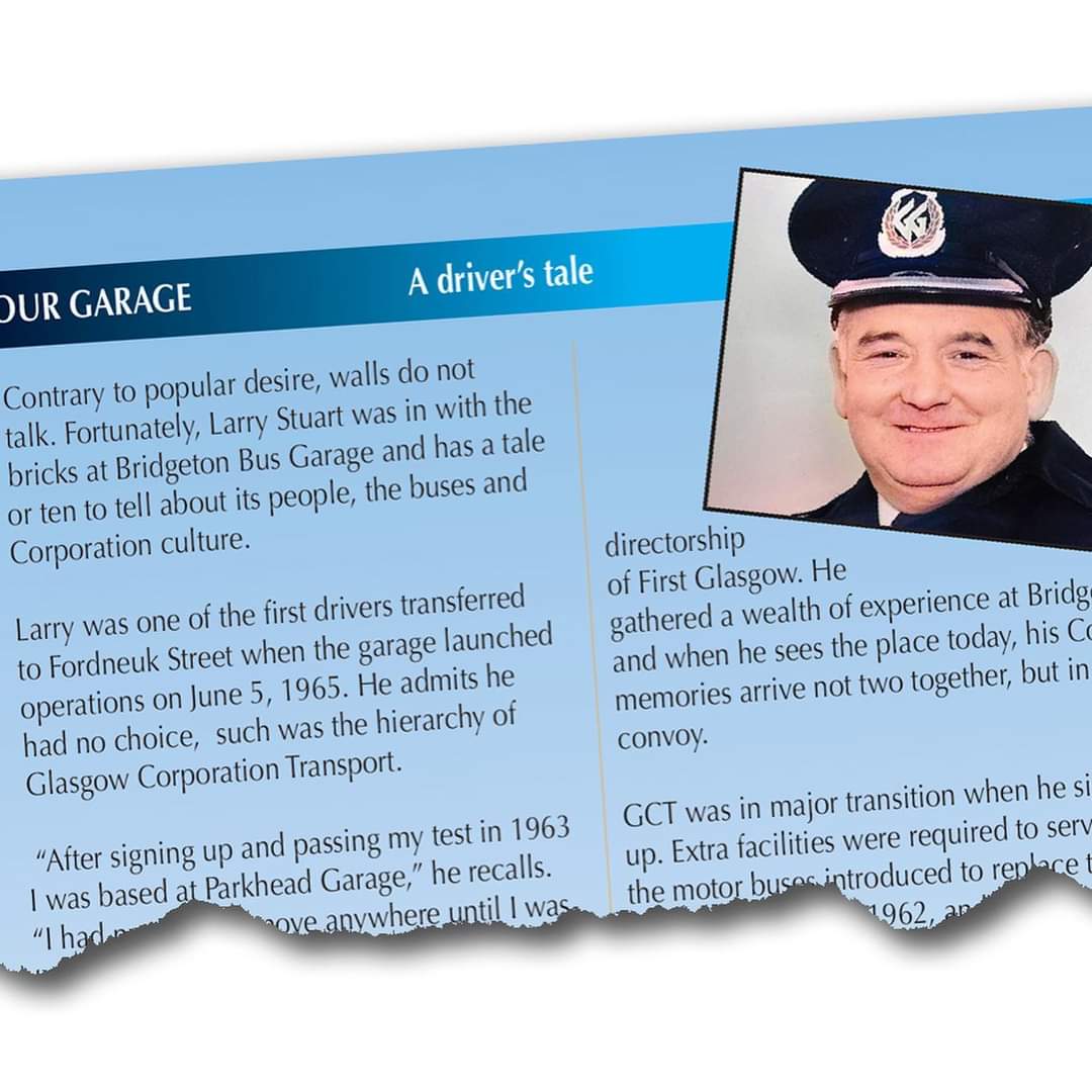 What was it like to walk through the gates of Bridgeton Bus Garage in 1965 when it was brand new and the paint still wet?
 
Driver Larry Stuart relives the experience in Bridgeton by Bridgeton. The 36-page, picture-packed booklet available here GVVT.org/shop/ £6 inc p&amp;p
