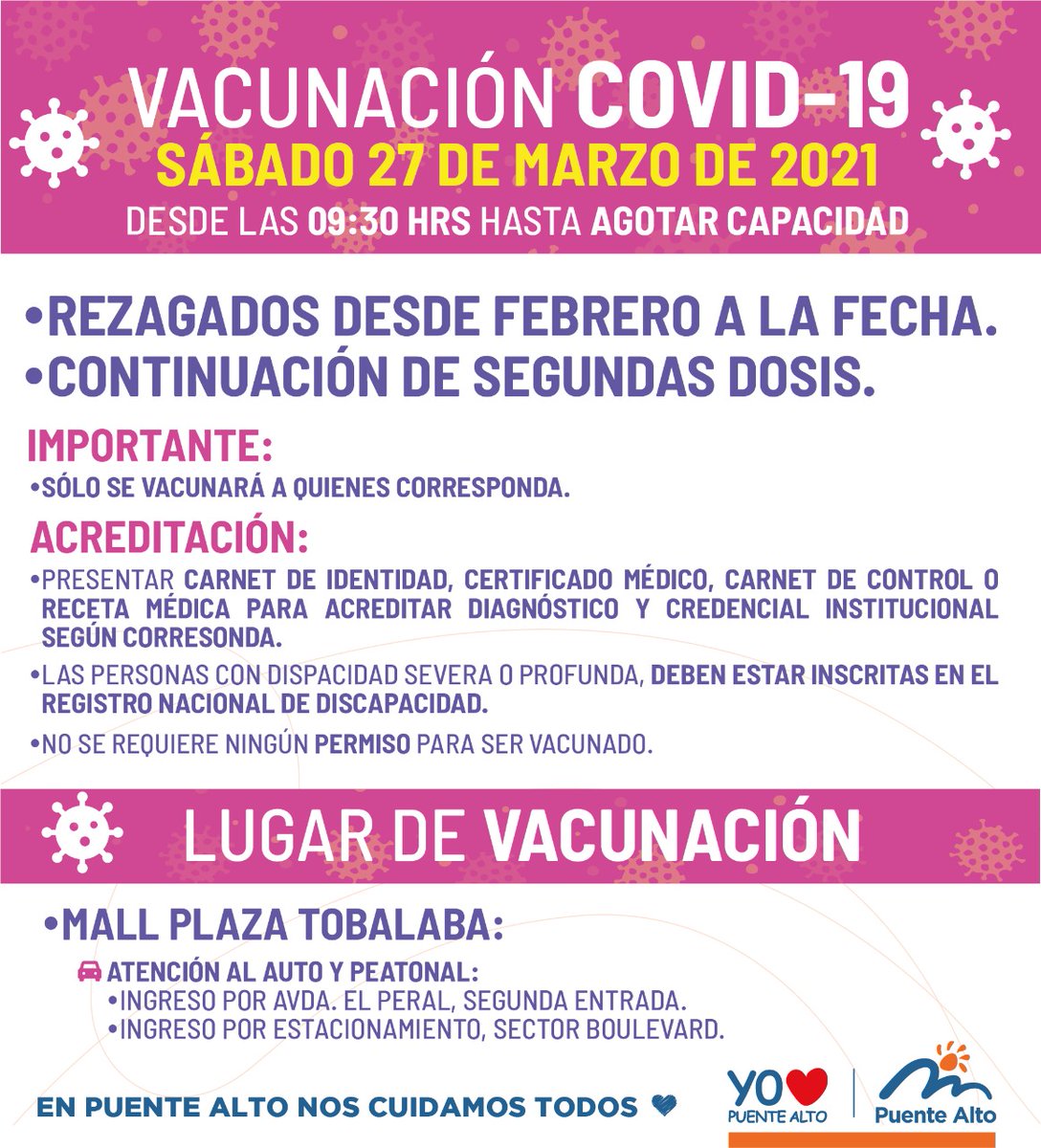 mpuentealto's tweet photo. 💉 VACUNACIÓN EN PUENTE ALTO
Este sábado continuaremos vacunando a nuestros vecinos SÓLO EN EL MALL TOBALABA. Rezagados y a quienes les corresponda la segunda dosis podrán acercarse a este punto, mostrando la documentación que corresponda (ver afiche) https://t.co/zTIhbo6HQo