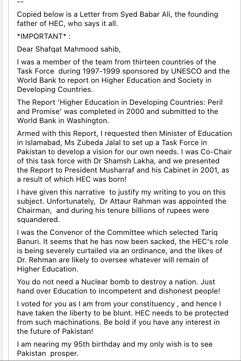 umarsaif's tweet photo. Letter of Syed Babar Ali to Federal Minister education, on the removal of chairman HEC. 

Syed Babar Ali founded LUMS and was the main person behind the creation of HEC. https://t.co/YymFE6q5Cr