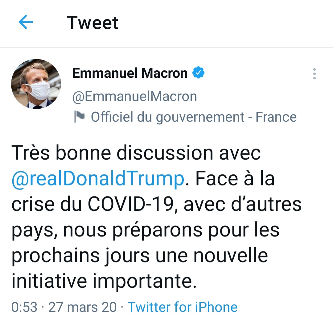 Ce tweet a un an. Donald Trump n'est plus président des États-Unis, 'l'initiative importante' ne s'est pas concrétisée. En revanche, le #COVID19 est tjrs là, les capacités hospitalières sont inchangées, et le #confinement3 avec #CouvreFeu19h a pris le relais de #confinementtotal.