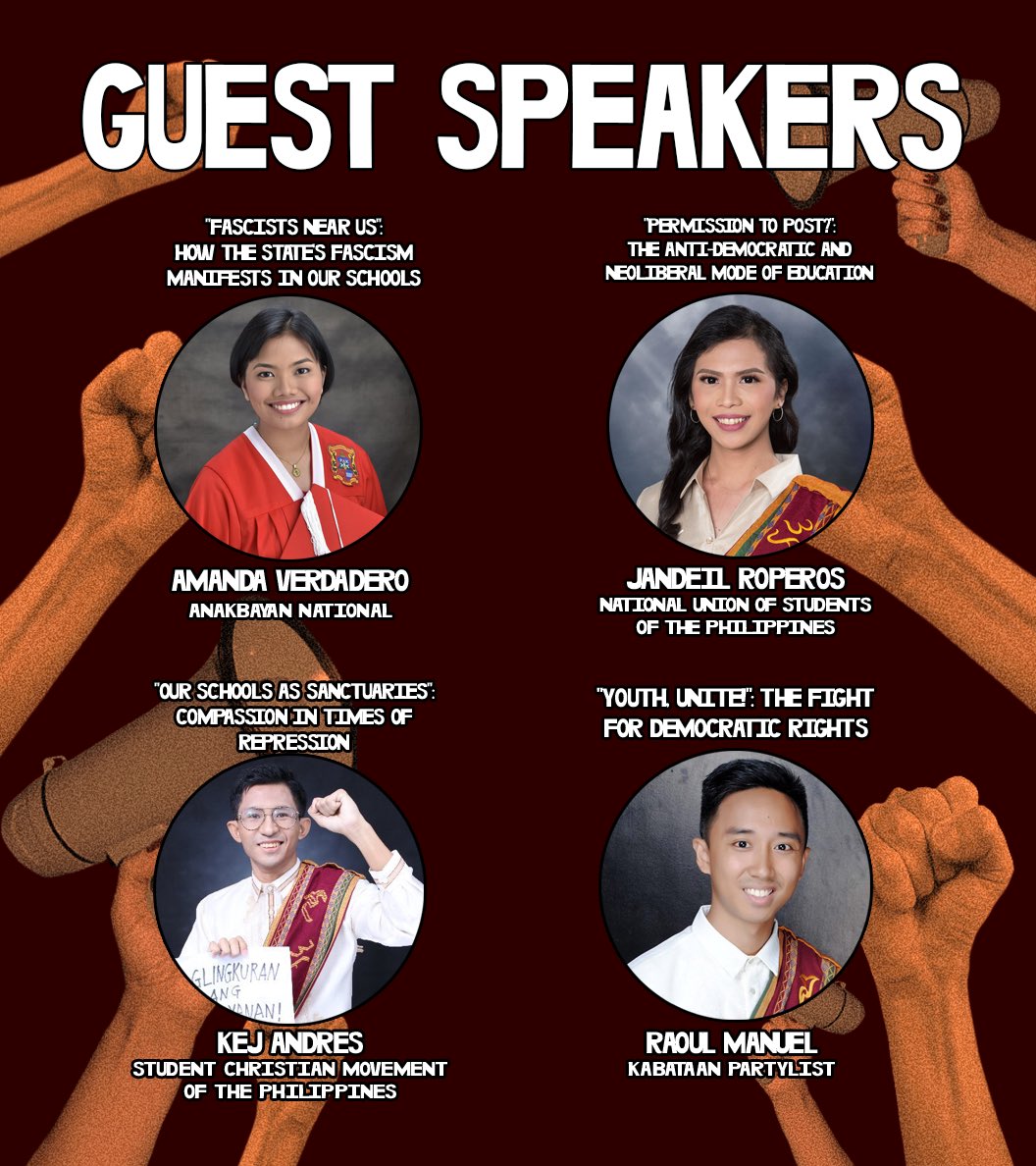 LFSUST's tweet photo. The struggle for academic freedom and democracy rights is not yet finished!
“Why Fight Back?”: A Webinar on Student Repression, the fight for Democractic Rights and Academic Freedom
6 PM via @AnakbayanUSTSHS FB live
Join the discussion!
#SHSFightBack
#CompassionNotRepression https://t.co/HpJeh5EUDq