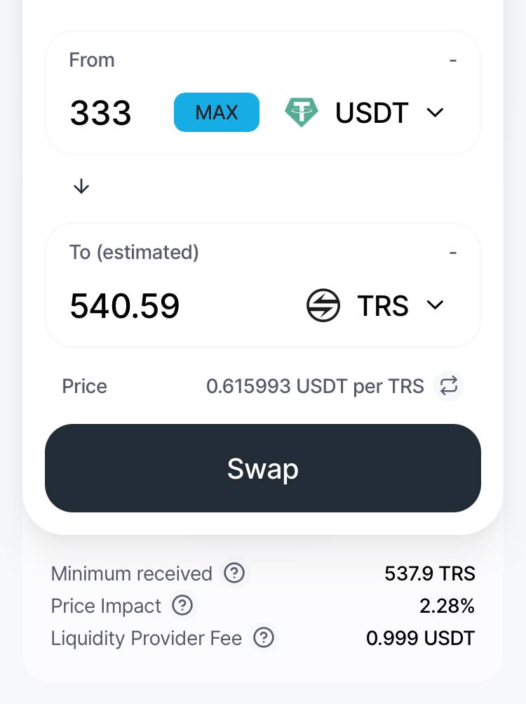 TrueSwapFinance's tweet photo. Every $333 swap happens on @TrueSwapFinance, Liquidity Providers collect $1 fee (0.3%).

Along with the Liquidity Mining Program, LPs receive $TRS as they stake LP tokens to Farms.

Start earning double rewards with TrueSwap at https://t.co/IqjB1jSDIo

#trueswap #trs #trx #tron https://t.co/MZLfUFgBgn