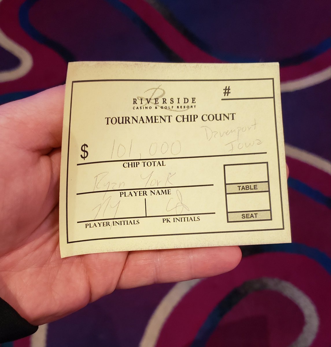 therealqckid's tweet photo. Made day 2 of $1100 @msptpoker Main Event at @RiversideCasino!!! Let's fn go!!! 101k chip stack ready to do work on Sunday!!! #RunnerRunnerCrew #PokerUp #LFG https://t.co/c1YoGtJk1t