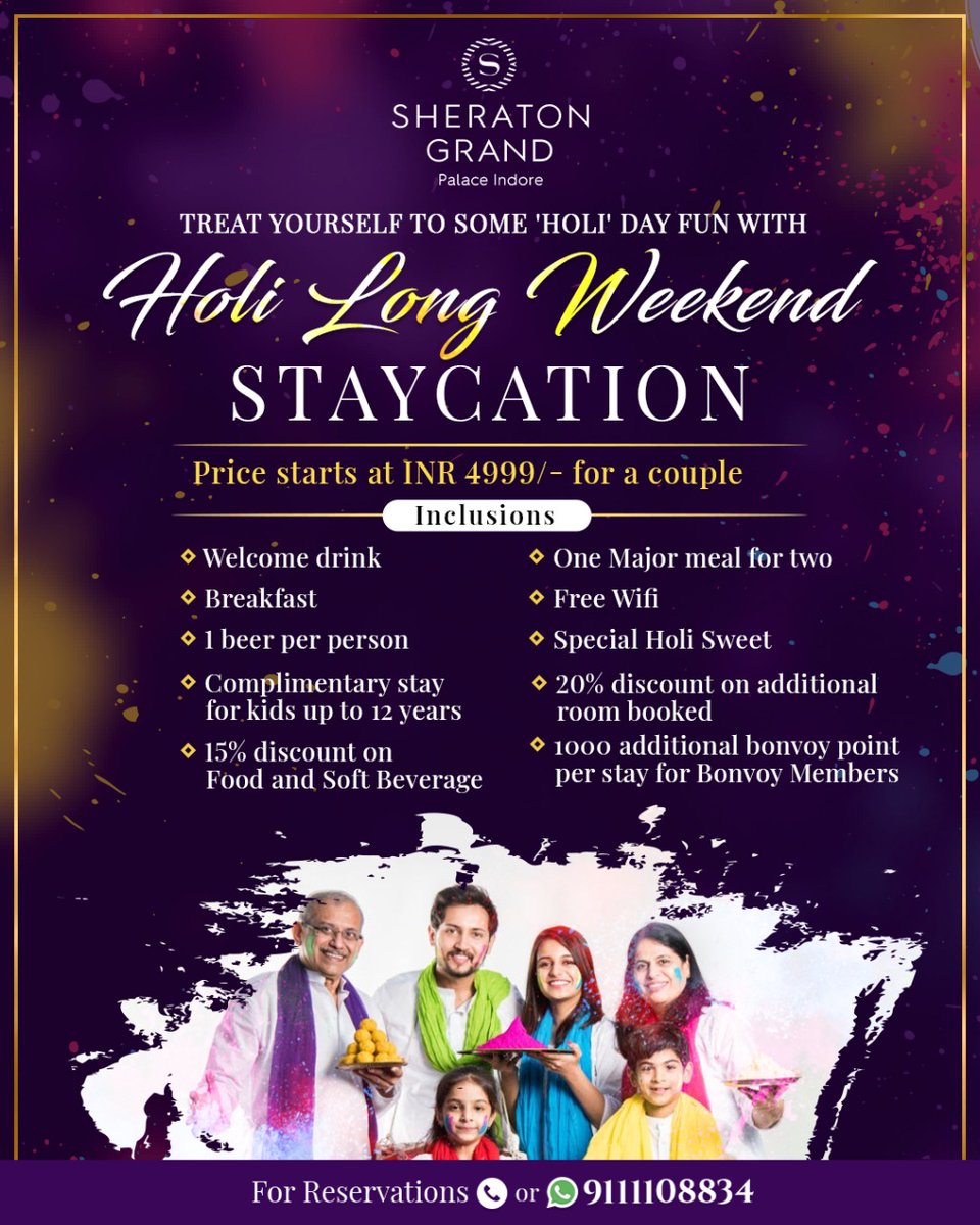 SheratonIndore's tweet photo. Excited about the Holi long weekend? 
Treat yourself to some 'Holi' day fun with our Holi staycation package as the festivity of Holi brings you the most exciting Staycation of the year.

#holi #holispecial #Staycation #Sheratonhotelindore #Staywithus https://t.co/F9pe3sjwiu