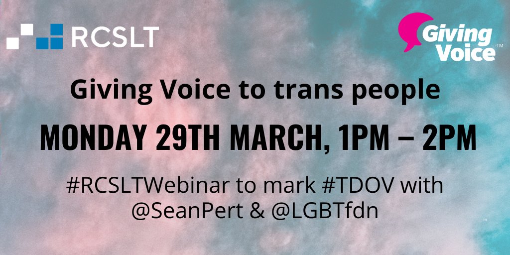 GivingVoiceUK's tweet photo. The #TDOV #RCSLTWebinar to mark International Transgender Day of Visibility is TODAY! Sign up for the free #webinar with @SeanPert &amp; @LGBTfdn here: https://t.co/gbCIBdyRaw https://t.co/D41rCd8vVY