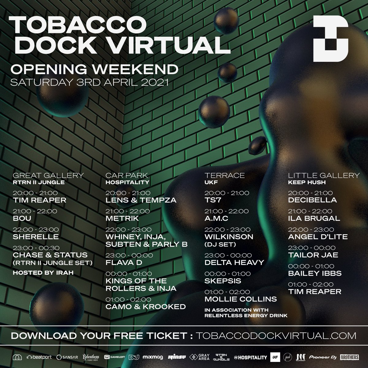 Announcing the set times for the opening Friday at Tobacco Dock Virtual.

Read more on how to experience - tobaccodockvirtual.com/how-to-experie…