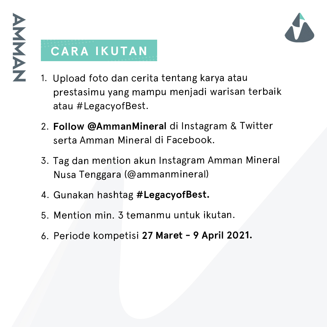 AmmanMineral's tweet photo. Kompetisinya dimulai hari ini hingga 9 April 2021. Yuk, berpartisipasi dan jadilah inspirasi dalam menciptakan warisan yang terbaik!

#AmmanMineral
#LegacyofBest
#BraveThinkinginAction
#PhotoCompetition https://t.co/U4Msa3iMH7