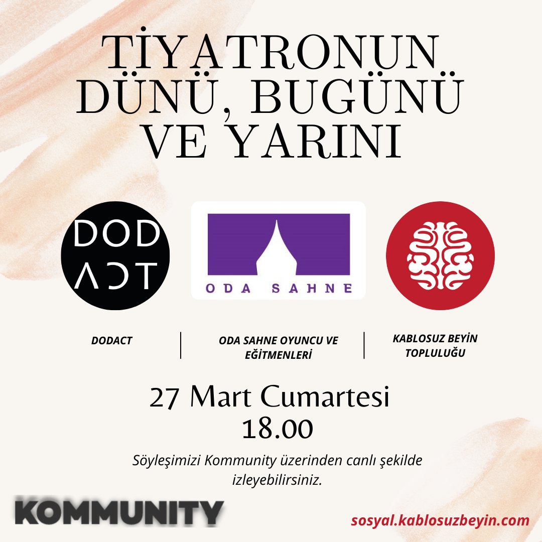 dodactcom's tweet photo. Merhaba !
Tiyatroya emek vermiş sanatçılarımızın ve tüm tiyatroseverlerin ‘Dünya Tiyatrolar Günü’nü kutluyoruz. Bu güzel günde @kablosuz_beyin ile düzenlediğimiz söyleşide Oda Sahne’den değerli hocalarımızı konuk edeceğiz. Hepinizi heyecanla bekliyoruz! https://t.co/D755gyihHS