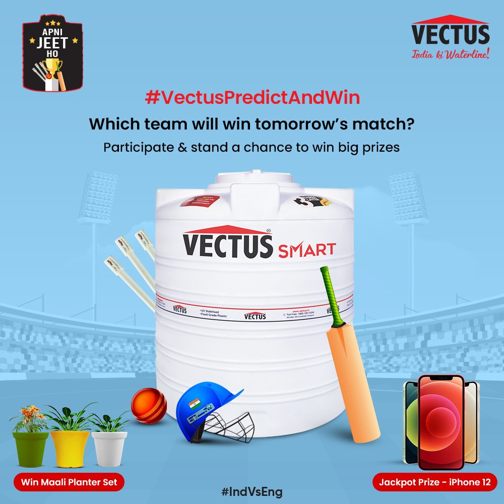 vectus_tanks's tweet image. Follow Vectus, Reply &amp;amp; predict your answer using #ApniJeetHo #VectusPredictAndWin. Tag 2 friends to make them participate &amp;amp; stand a chance to win Maali Planter Sets. 1 lucky winner wins the Jackpot prize at the end of the series-iPhone 12
Contest closes: 1:30 PM, 28 Mar
T&amp;amp;C Apply
