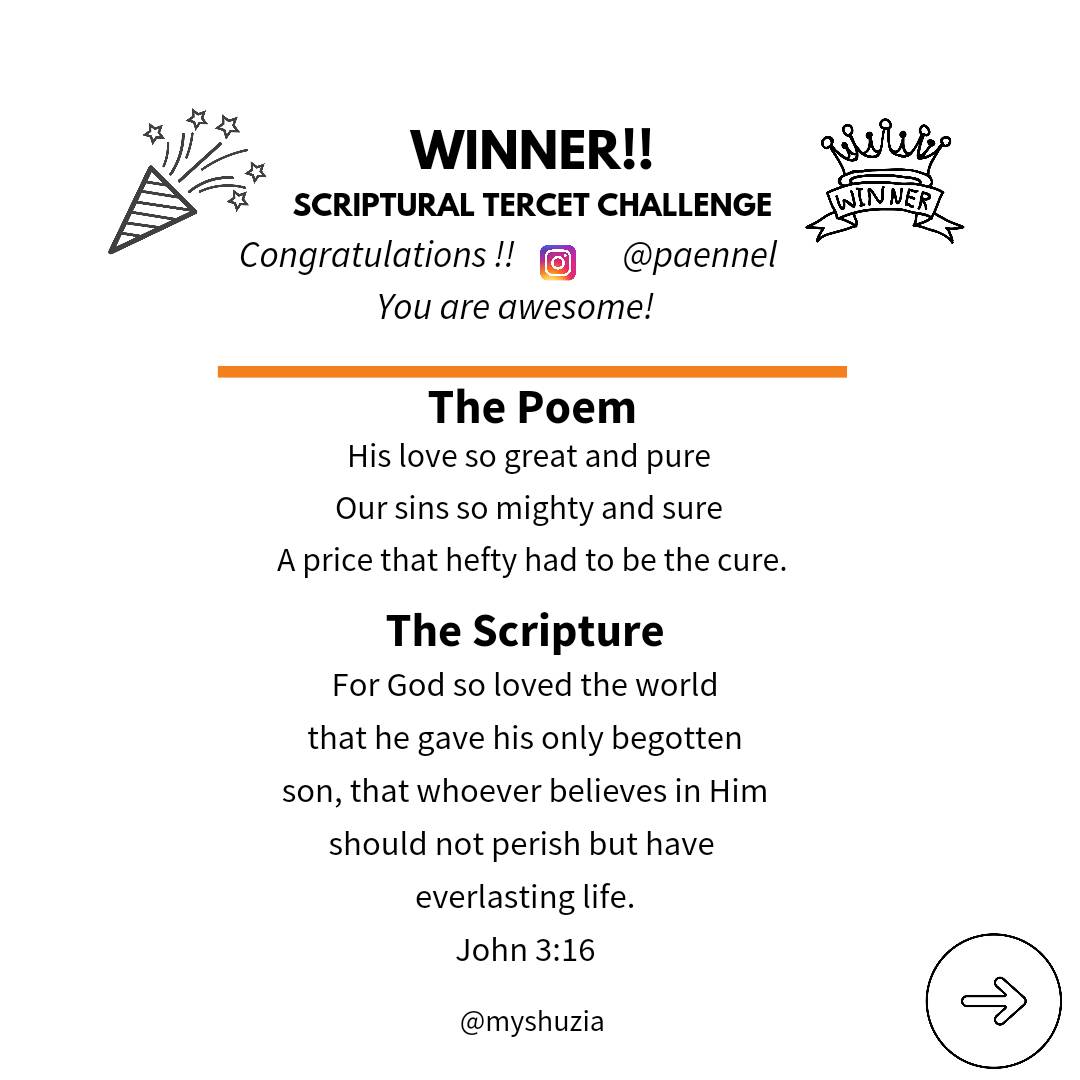 myshuzia's tweet photo. 🎆Congratulations to the winners of our Scriptural Tercet @paennel @venessaehiz
.
.
#tercets #scripturaltercets #poets #poemlovers #creativewriters #creativewriting #Godreigns #thecreativechristian #thelawofthelord #theperfectlaw #christianwriters #christianpoet https://t.co/ZKFkQaJO72