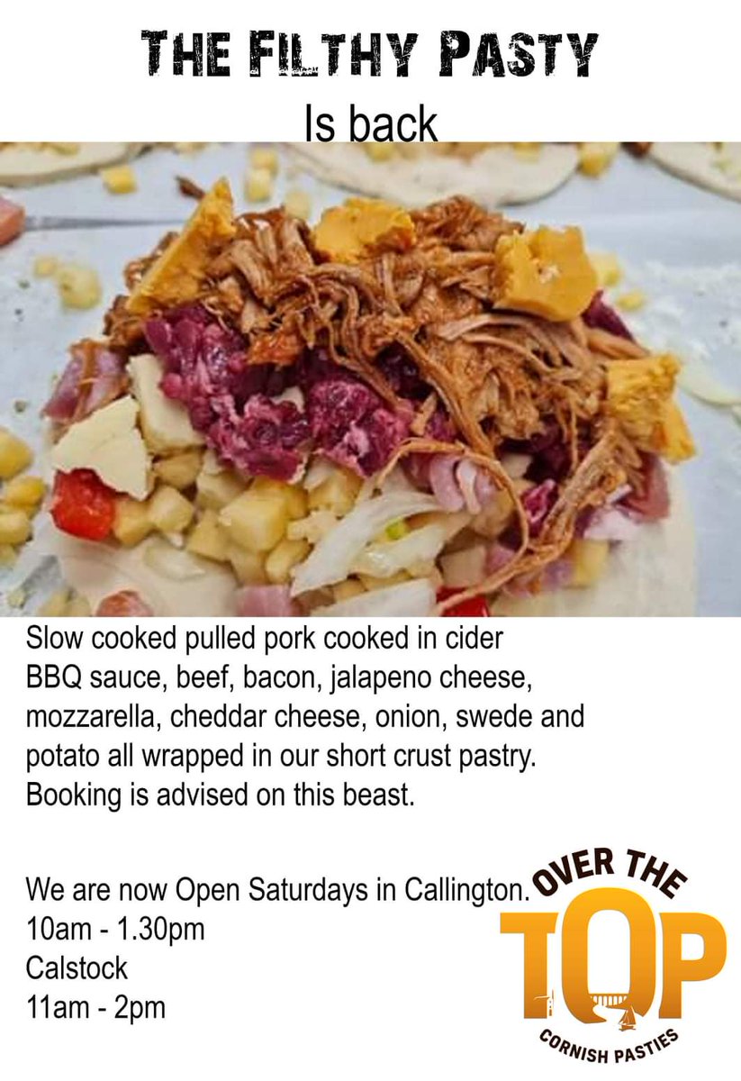 OTTPasties's tweet photo. The very popular Filthy pasty is back. Make sure you preorder.
#filthy #pasty #cornwall #cornish #food #different #flavour #tasty #callington https://t.co/5VnzQV8LM8