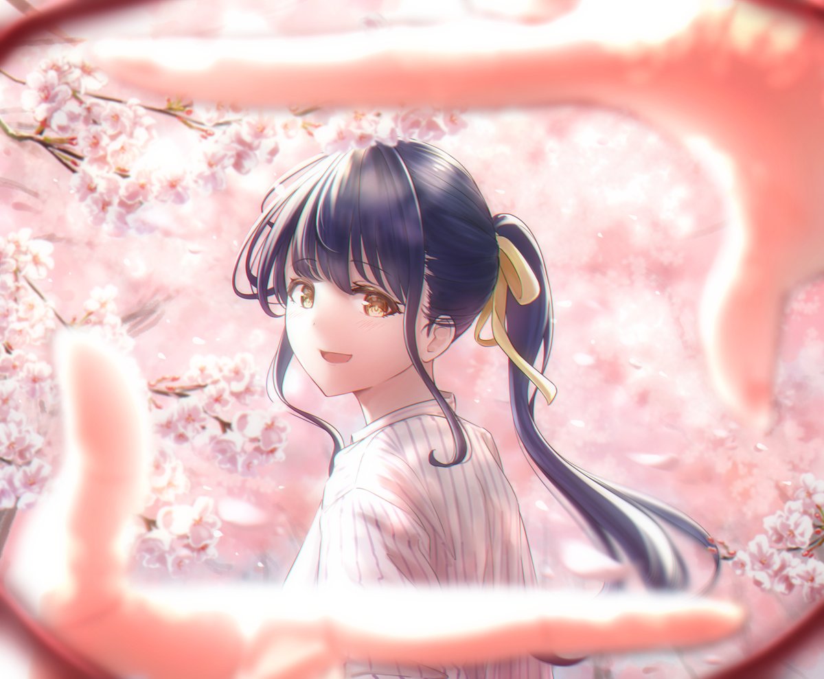 1girl cherry blossoms ponytail solo smile long hair looking at viewer  illustration images