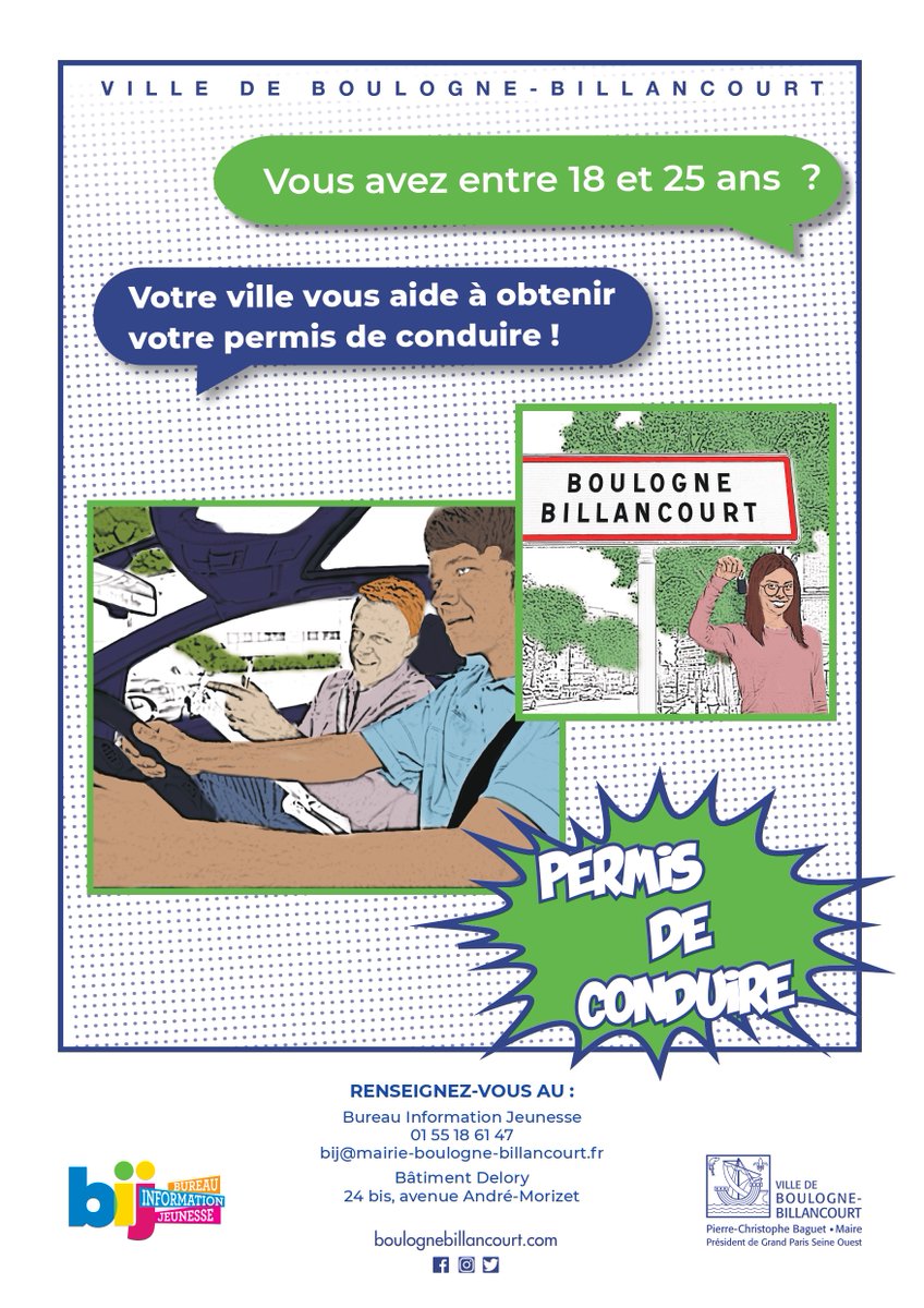 Ville_BoulogneB's tweet photo. Vous avez entre 18 et 25 ans et souhaitez passer votre #PermisDeConduire ? La Ville de #BoulogneBillancourt vous donne un coup de pouce financier en échange d'heures de bénévolat et d’une demi-journée de sensibilisation à la prévention routière 🚗
Intéressé ? Contactez le @BIJBB https://t.co/A3Rnj8yYnC