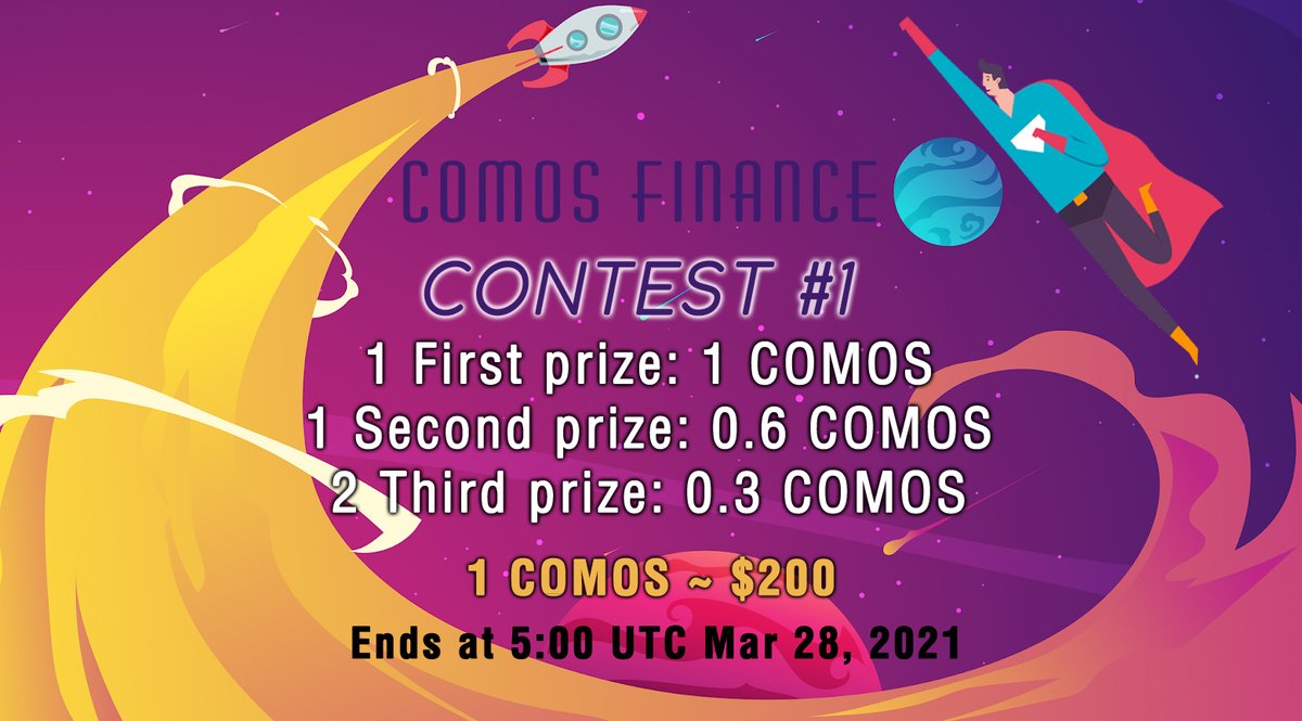 CONTEST #1 - #COMOS FINANCE
1. Like Tweet and Follow Us
2. Then follow the instructions on Telegram => t.me/comosfinance/7…
@comosf #YieldFarming #BinanceSmartChain #Bitcoin #BNB #DeFi #crypto #cryptocurrency