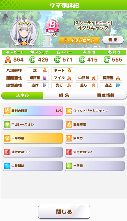 星空ひとりぼっち オグリキャップさんを育成した 正直 能力が高いとは言えないけど適正ウマ娘が少ないダートの適性をsにできたのはよかった あと 逃げためらい と 先行ためらい のスキル持ちは対戦相手はちょっと嫌だと思う オグリさんは上手く