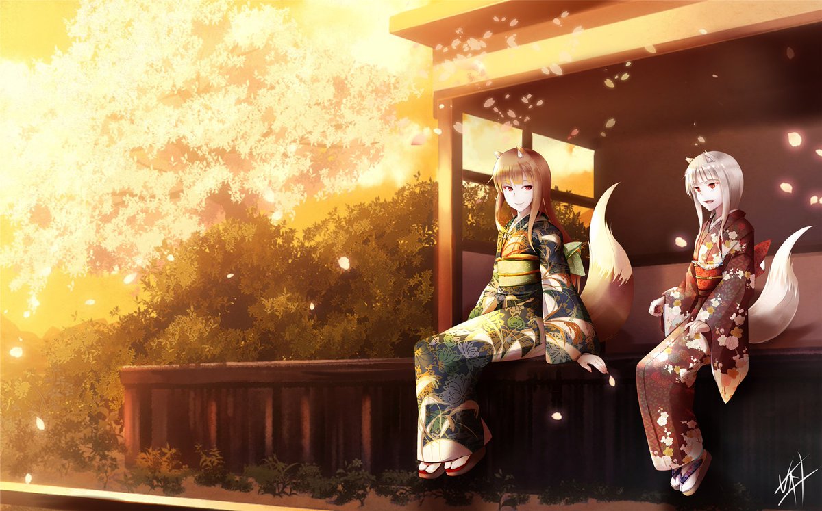 不動真 狼と香辛料 羊皮紙よりホロとミューリ 夕桜 賢狼娘狼 旅の日々を娘に話す イメージでしょうか 背景はフリー素材で構成しました さくらの日