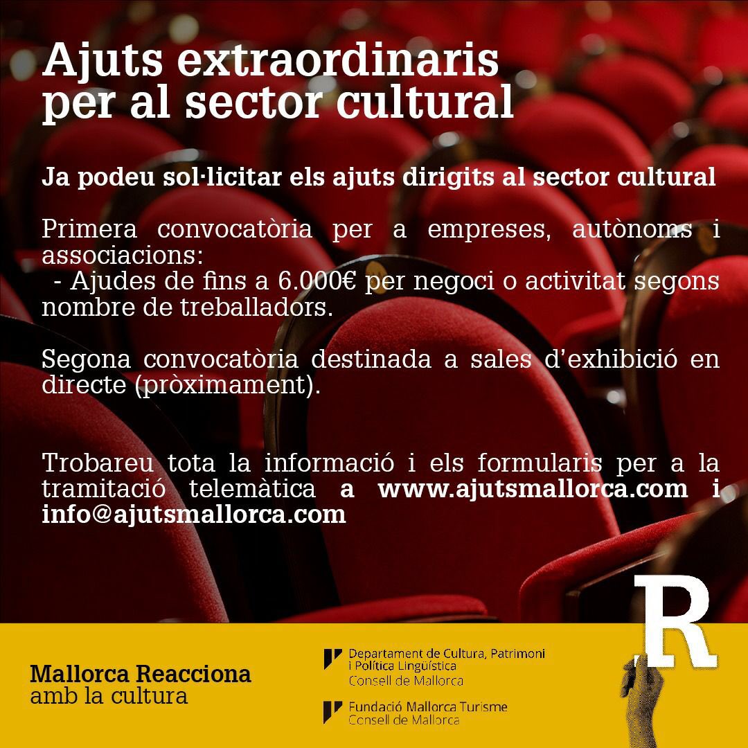 culturamallorca's tweet photo. 📢 Arriben al sector cultural els primers 109.000 euros d’ajudes extraordinàries del Consell per la pandèmia. Mentrestant, se segueixen tramitant sol·licituds i se’n reben de noves!

🗞 Notícia 👉 https://t.co/LvHoWVfk1W

📥 Tràmits 👉 https://t.co/T7u98twJop https://t.co/mSBJ0Mapav