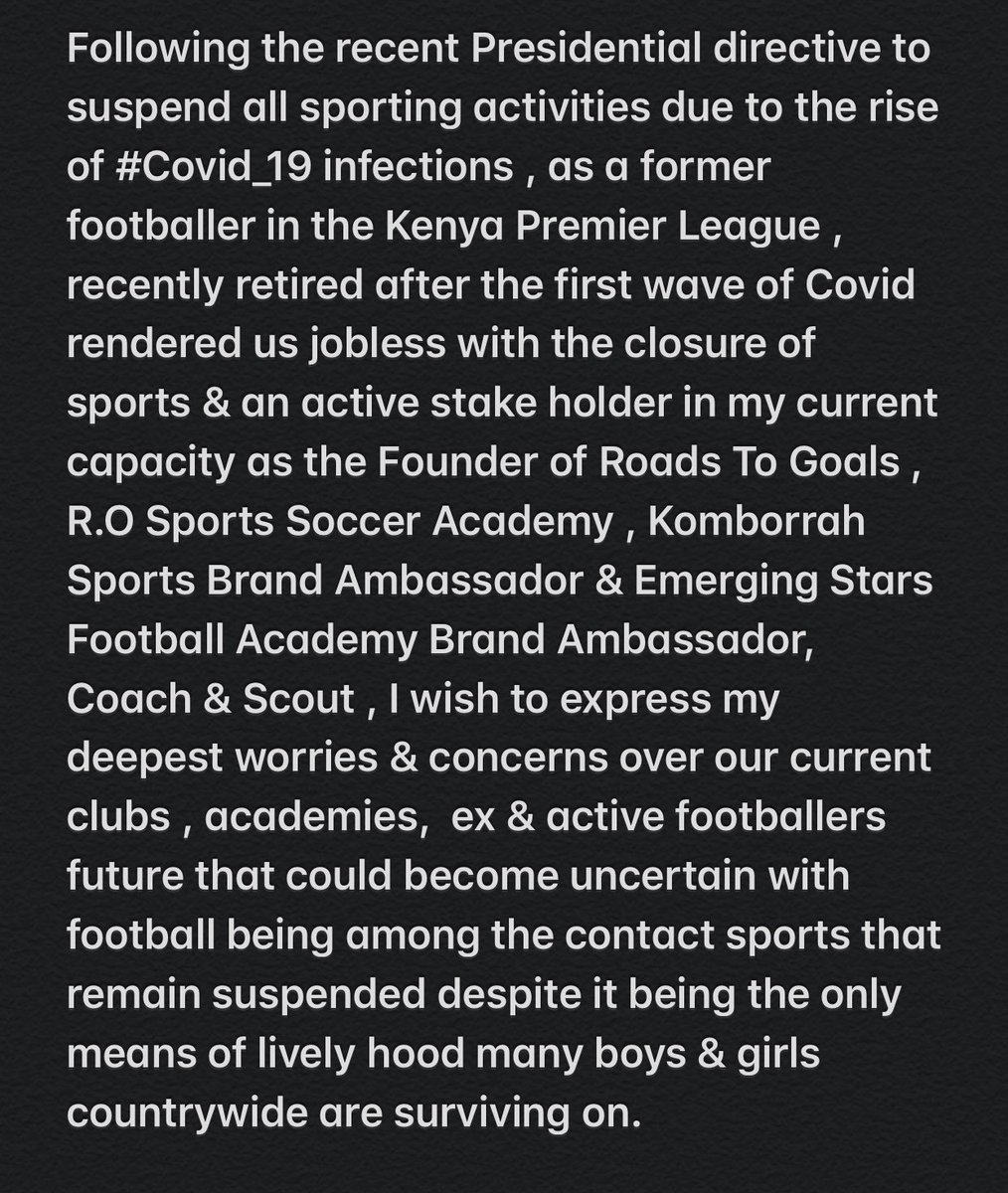 RonaldOkoth__'s tweet photo. To our Government , Ministry of Sports &amp; Ministry of Health, please do consider the current comprehensive safe return to sports model &amp; policies in place &amp; bring football &amp; other sports back in phases as soon as possible please 🙏🏿 🇰🇪 #BRINGBACKFOOTBALL #REOPENSPORTS https://t.co/wISSvhgNvP