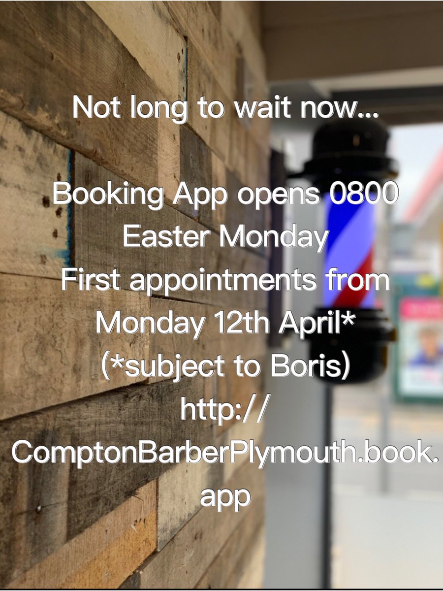 ComptonBarber's tweet photo. The Compton Barber Shop is back on the 12th April. Be ready to book from 0800 5th April! #Plymouth #Saturday #Weekend #Barber #Restart #retail #SmallBusiness #SmallBiz #12thApril https://t.co/fFzUctLFEI