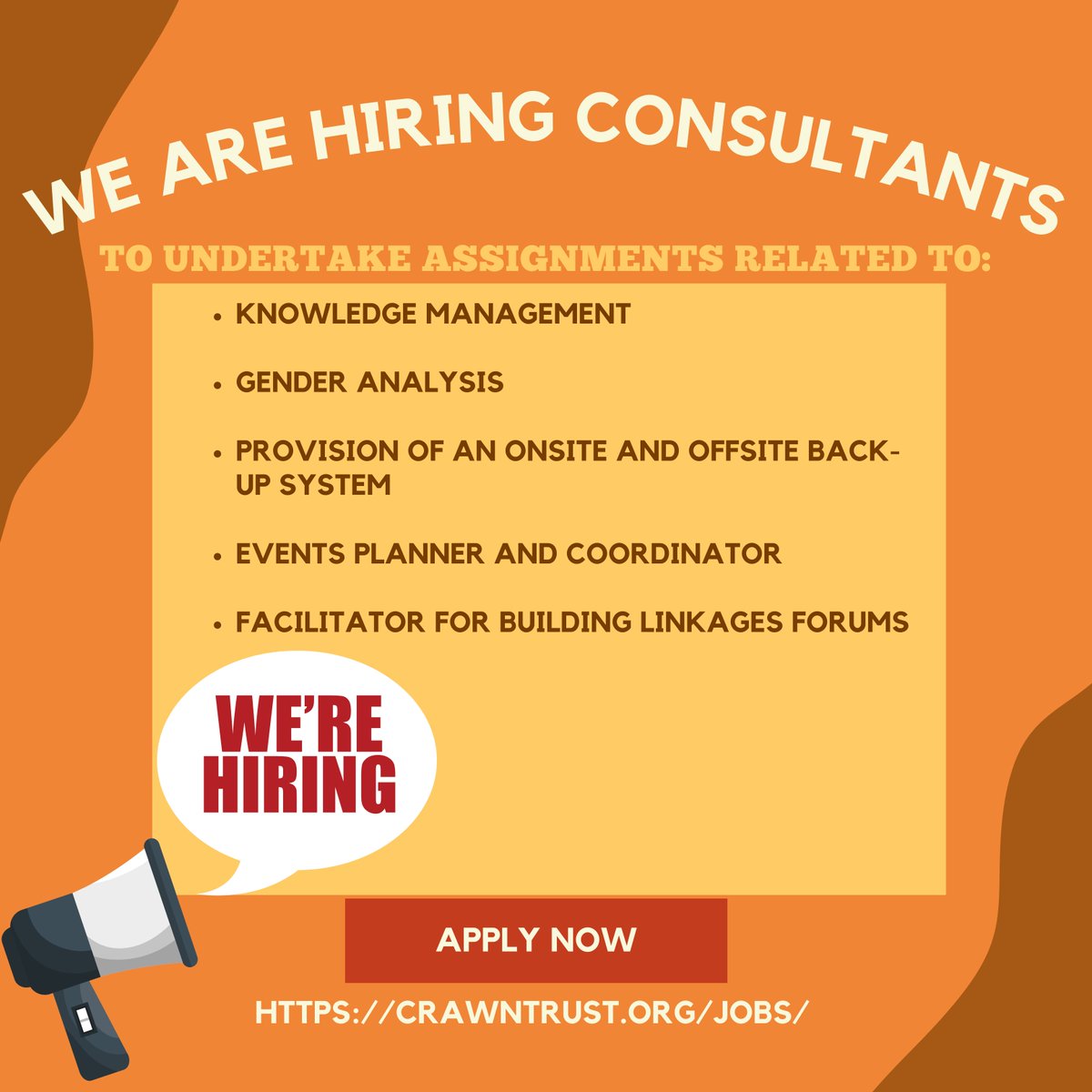 crawntrustkenya's tweet photo. We're seeking consultant to undertake the following assignments

📢Knowledge Management 
📢Gender Analysis 
📢Provision of an onsite and offsite back-up system
📢Events planner and coordinator
📢Facilitator for building linkages forums

Apply-->https://t.co/Lq4Ier2jT1

#IkoKaziKE https://t.co/MKd2CoUtYZ