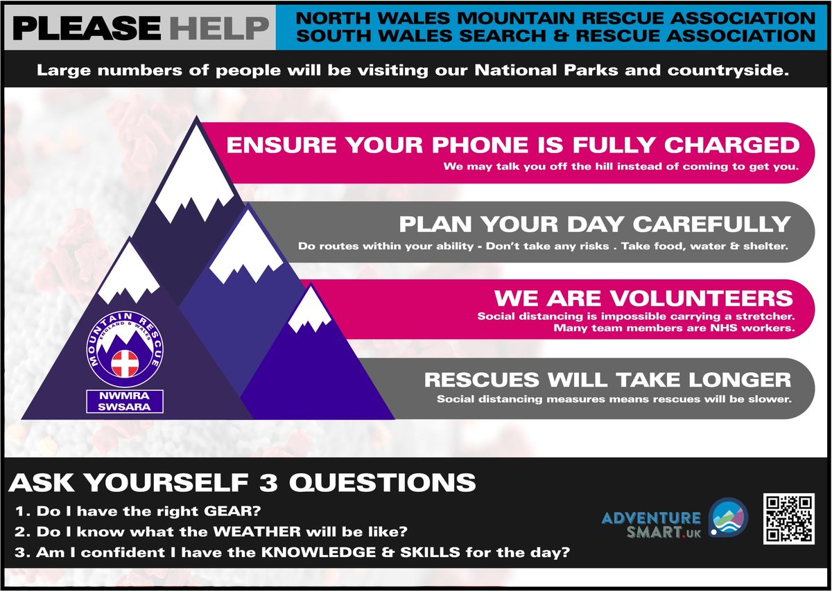 Welsh COVID regulations allow national travel INSIDE Wales from today.
We do not want to stop people accessing the hills and mountains. The information in the graphic attached may help to make your great day out even better!  See the website for more info.
adventuresmart.uk
