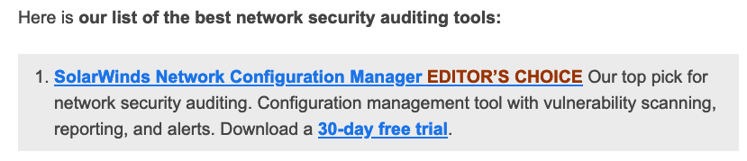 jamesggordon's tweet photo. I was browsing around for a good network auditing tool for my home network and stumbled on a page on https://t.co/5fsNoY6ElR recommending SolarWinds as the best network security auditing tool. Nah, I don't think I'll be installing that any time soon! https://t.co/klvytgDTM2