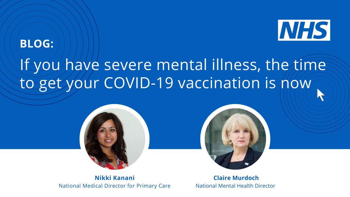 If you have a severe mental illness, or look after someone who does, you are both eligible for a #COVIDVaccine now.

Find out more about your appointment and how you will be contacted, in <a href="/NikkiKF/">Dr Nikita Kanani (she/her)</a> and <a href="/ClaireCNWL/">Claire Murdoch</a>'s latest blog. ℹ️ 👉 england.nhs.uk/blog/if-you-ha…