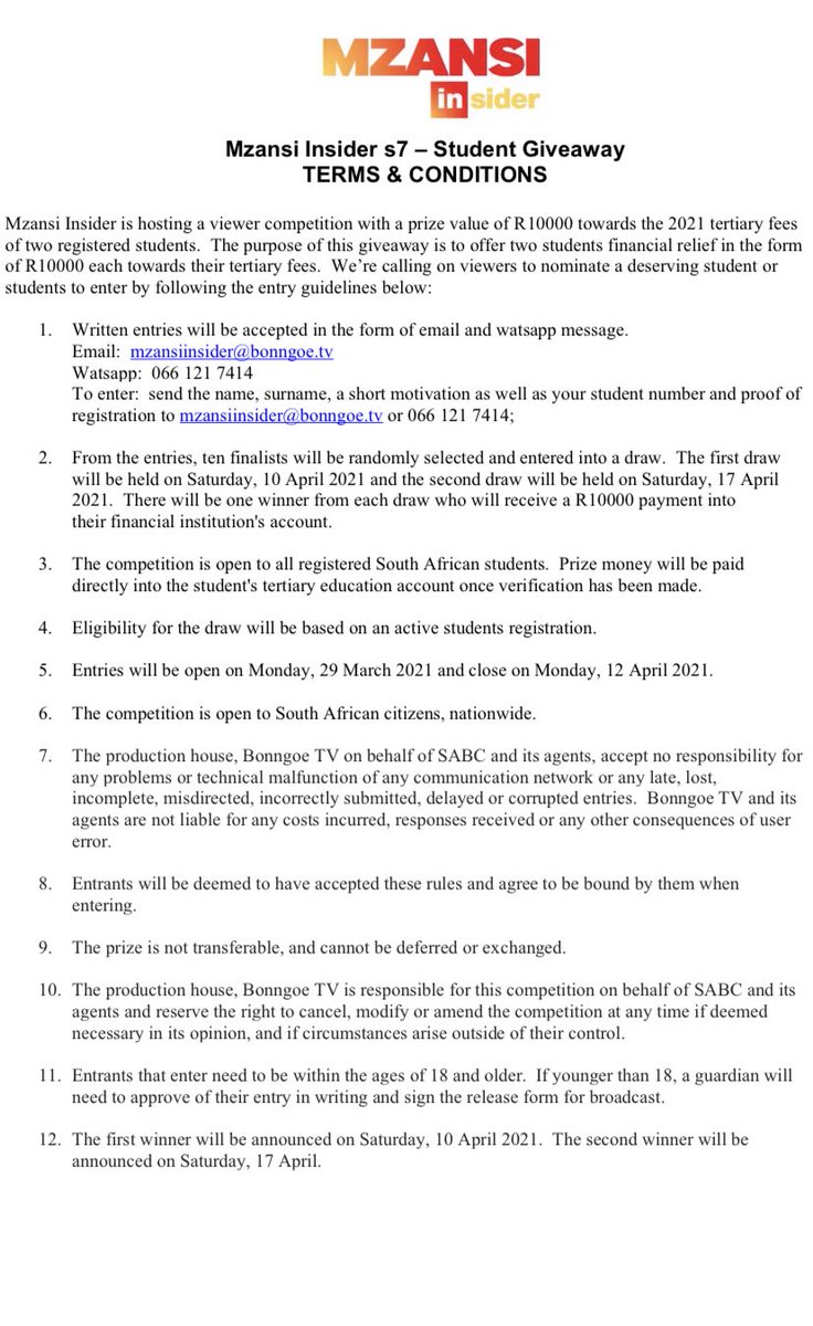 MzansiInsider's tweet photo. MUST READ:

Here are the T&amp;Cs for the 10K giveaway to students! 

#mzansiinsider https://t.co/1twJFrwesW