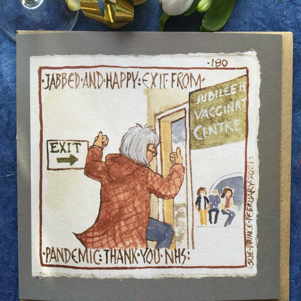 SuePrinceArtist's tweet photo. It’s a new card- a hopeful card “Jabbed and Happy”
#isolationchronicles
Books, prints, #Greetingcards available at
https://t.co/466ZKKii3X
.
.
.
#doartslockdown #Justacard
#isolationchronicles #coronachronicles #pandemicchronicles #pdartisans #peakdistrictnationalpark #de… https://t.co/VHWdYsWnAi