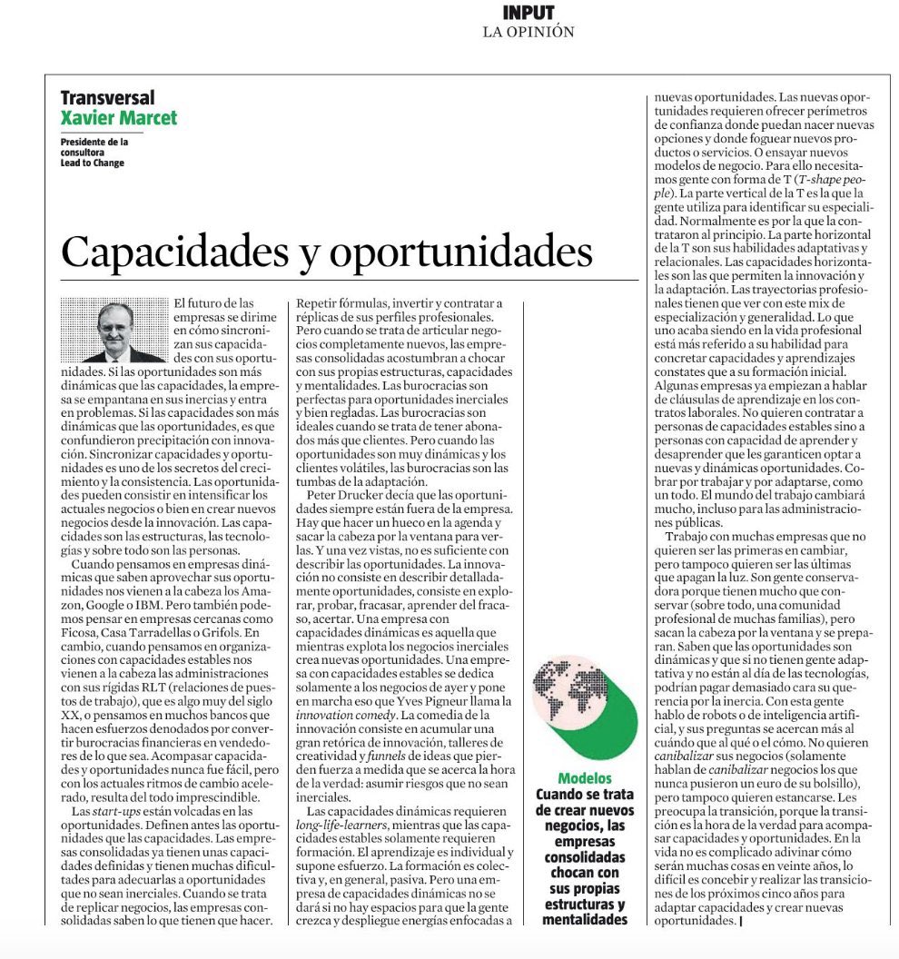 javigalvarez's tweet photo. “Algunas empresas ya empiezan a hablar de cláusulas de #aprendizaje en los contratos laborales. No quieren contratar a personas con capacidades estables sino a personas con capacidad de aprender y desaprender...”
Capacidades y oportunidades... @XavierMarcet en @LaVanguardia https://t.co/9eNAzsuTs9
