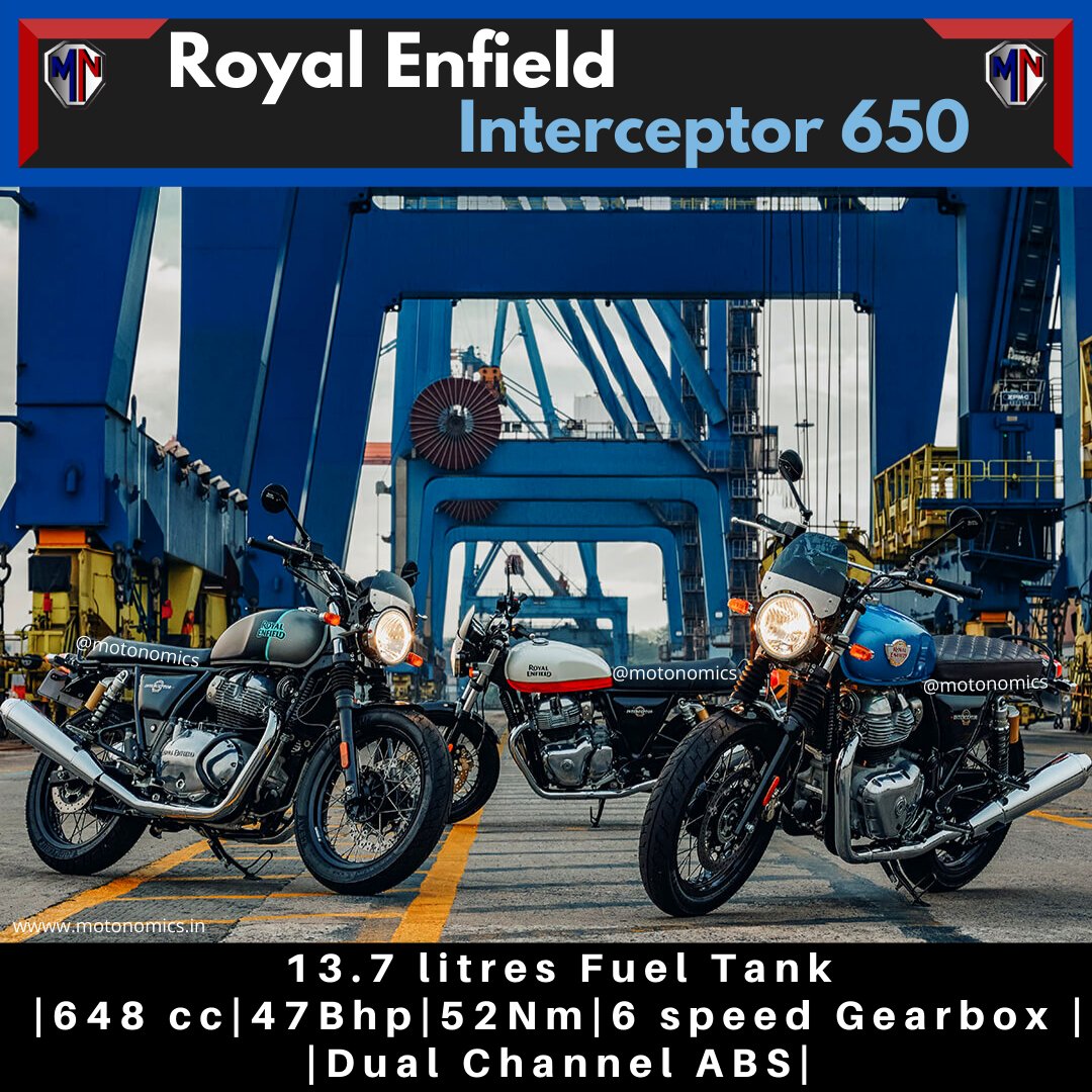 Motonomics1's tweet photo. @royalenfield  has launched the 2021 #Interceptor650, #ContinentalGT650
2021 #RoyalEnfield Interceptor 650 comes in three variants – Standard (single tone), Custom (dual tone), and Chrome – priced at Rs 2.56 lakh, Rs 2.67 lakh, and Rs 2.88 lakh respectively 
#RoyalEnfieldTwins https://t.co/TvvB1hOQ05