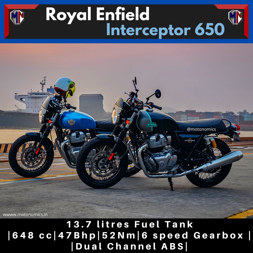 Motonomics1's tweet photo. @royalenfield  has launched the 2021 #Interceptor650, #ContinentalGT650
2021 #RoyalEnfield Interceptor 650 comes in three variants – Standard (single tone), Custom (dual tone), and Chrome – priced at Rs 2.56 lakh, Rs 2.67 lakh, and Rs 2.88 lakh respectively 
#RoyalEnfieldTwins https://t.co/TvvB1hOQ05